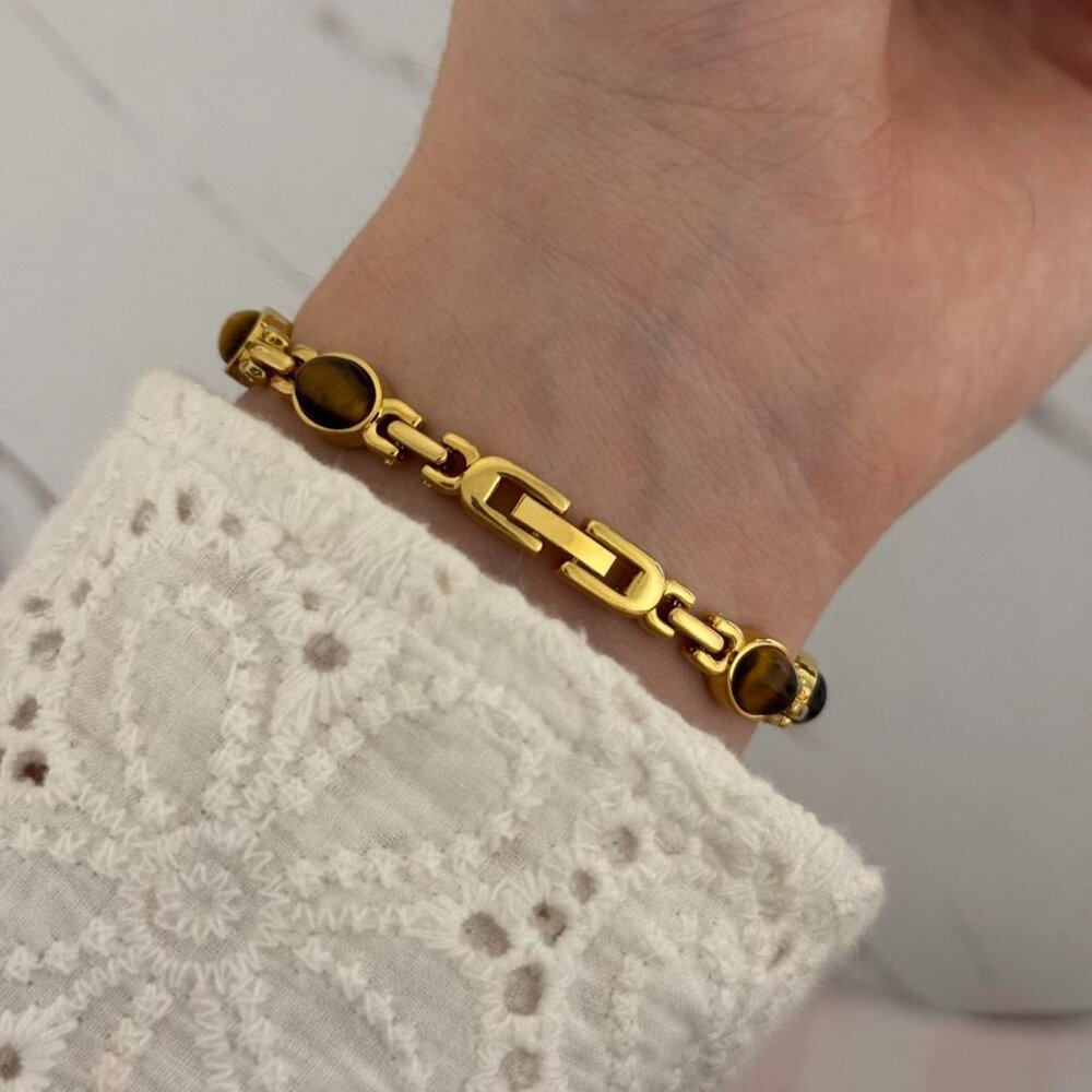 SKU:0007 cute gold white mini watch bracelet with brown natural stone inserts - Picture 4 of 7